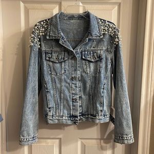 Pearl and rhinestone detail denim jacket